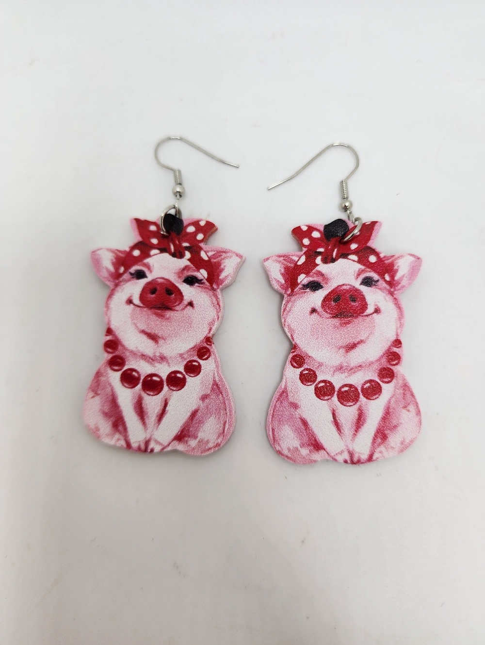 Pink Pig Face Dangle Earrings with Red Polka Dot Bows